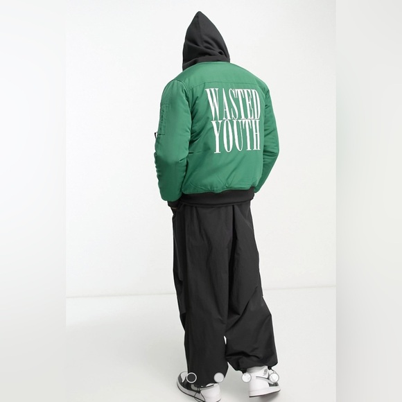 NEW WESC wasted youth logo print bomber jacket in green - Picture 3 of 11